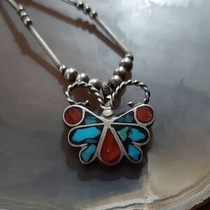 Vintage Silver & Turquoise & Red Coral Butterfly Necklace